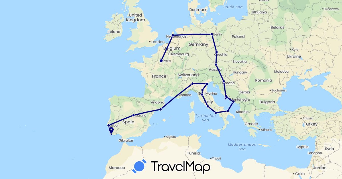 TravelMap itinerary: driving in Austria, Czech Republic, Germany, Spain, France, Croatia, Italy, Netherlands, Portugal (Europe)